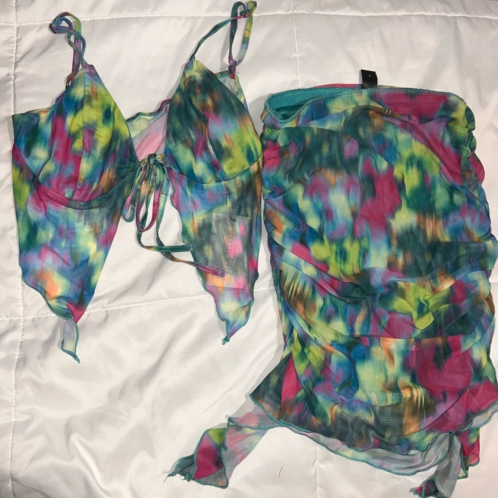 SHEIN Blue and Green One Piece Swimsuit Vibrant Watercolor Print